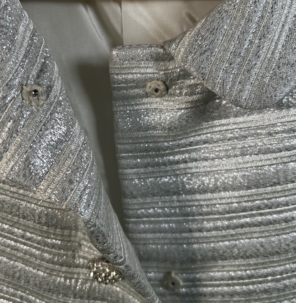1960s Silver Metallic Stripe Rhinestone Button Dress Jacket Set Deadstock Sz M