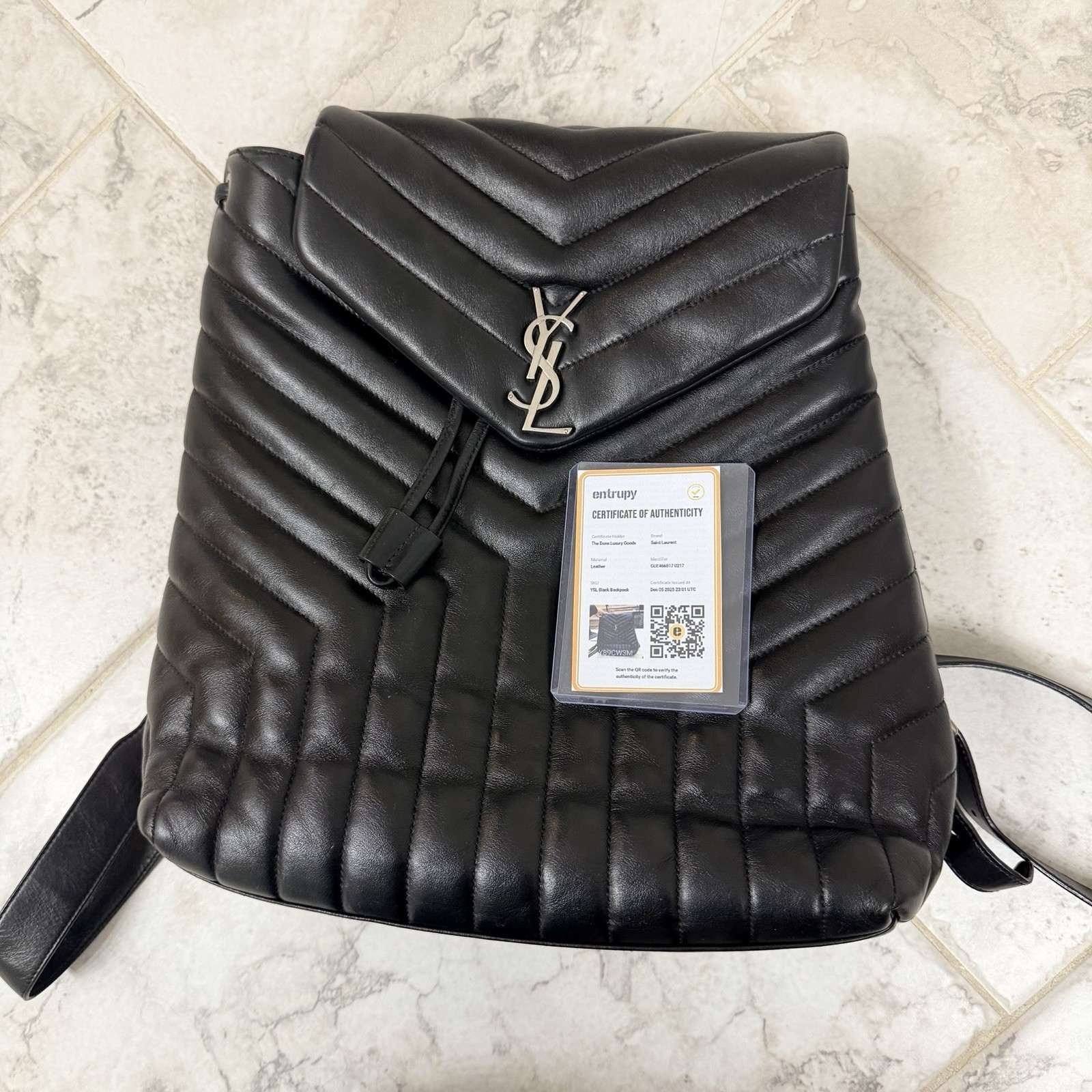 YSL Saint Laurent Matelasse Chevron Backpack Black Drawstring Magnetic LouLou