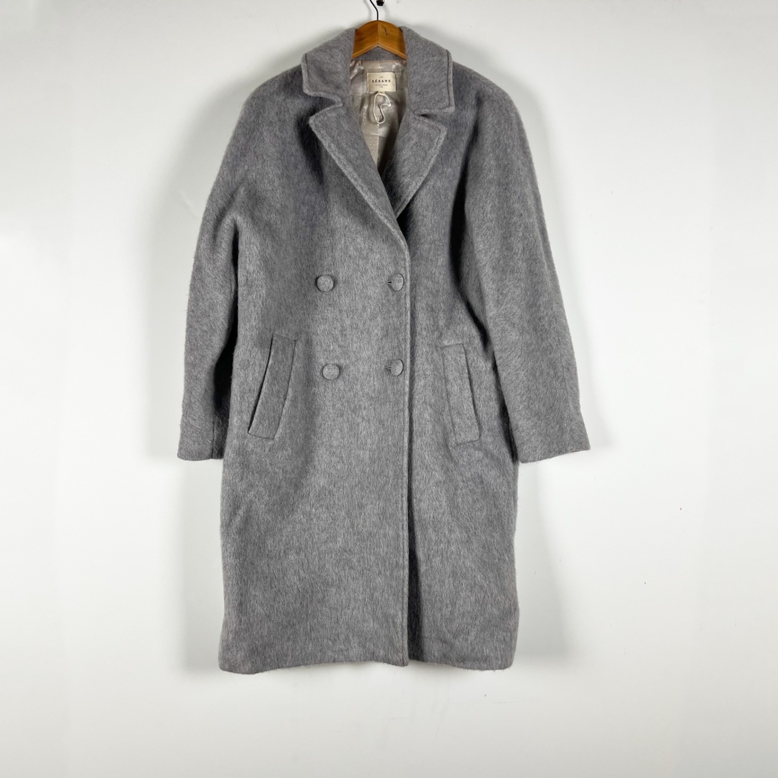 Sezane Jim Wool Blend Fuzzy Double Breasted Straight Cut Pea Coat Jacket Gray 36