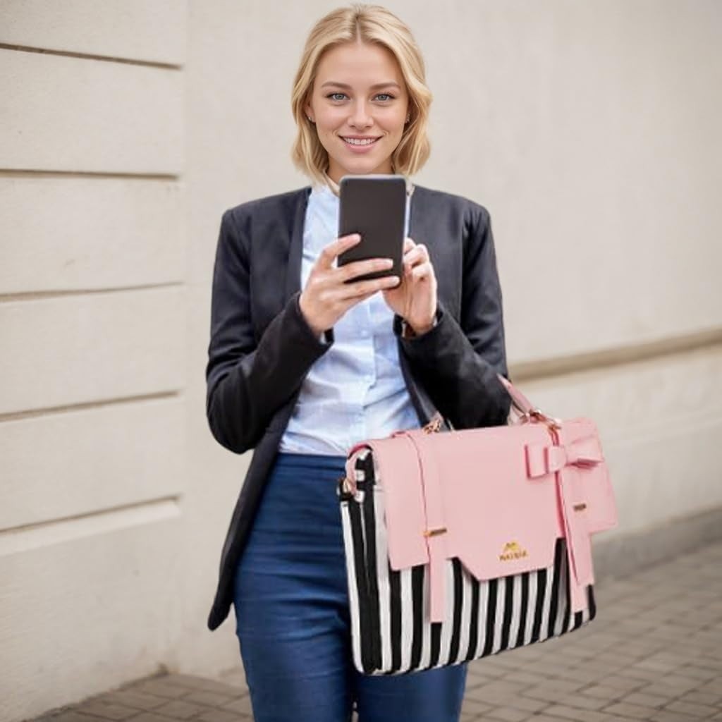 Laptop Tote Bag, 15.6 Inch PU Leather Crossbody Shoulder Handbag for Women, Pink
