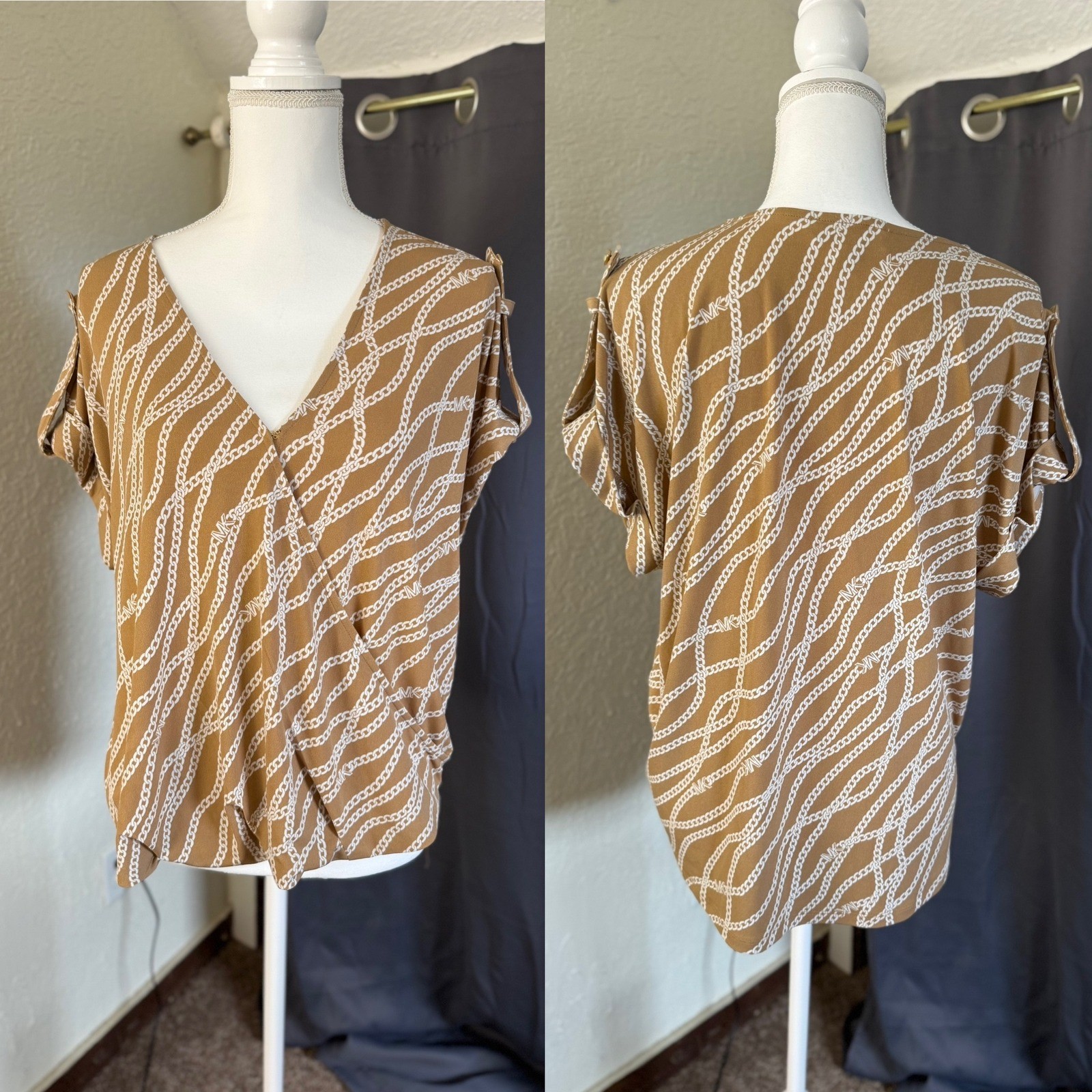 Michael Kors Women Medium Tan Chain Link MK Logo Faux Wrap V-Neck Blouse Top