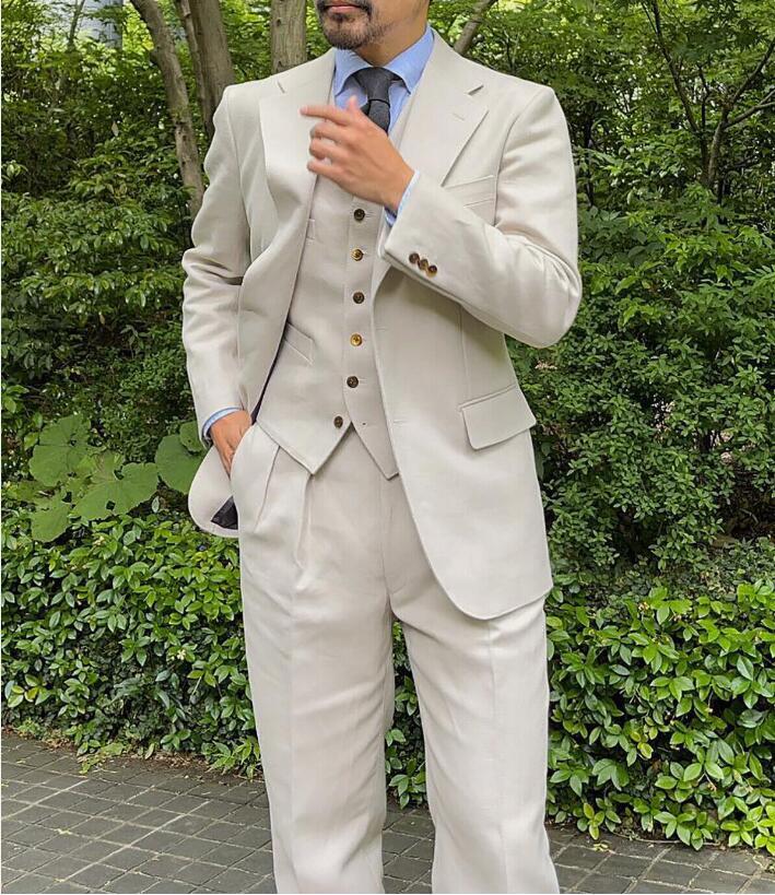 Men Beige Linen 3 Piece Suit Notch Lapel Summer Wedding Business Outfit