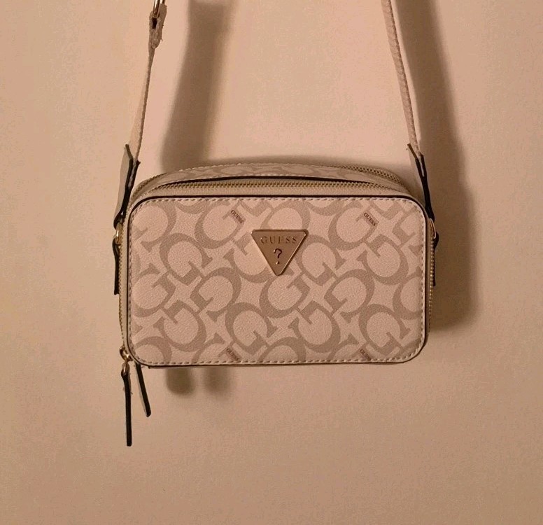 GUESS Beige Logo Monogram Small Crossbody Bag Gold-Tone Zip Adjustable Strap