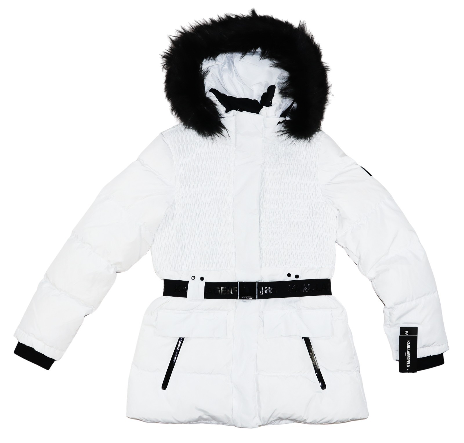 Karl Lagerfeld Paris Faux Fur Trim Down Fill Full Zip Ski Puffer Womens Coat NWT