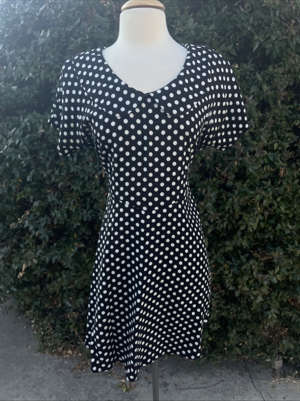 Vintage Polka Dot Mini Dress M Peter Pan Collar Rockabilly Empire Waist Black