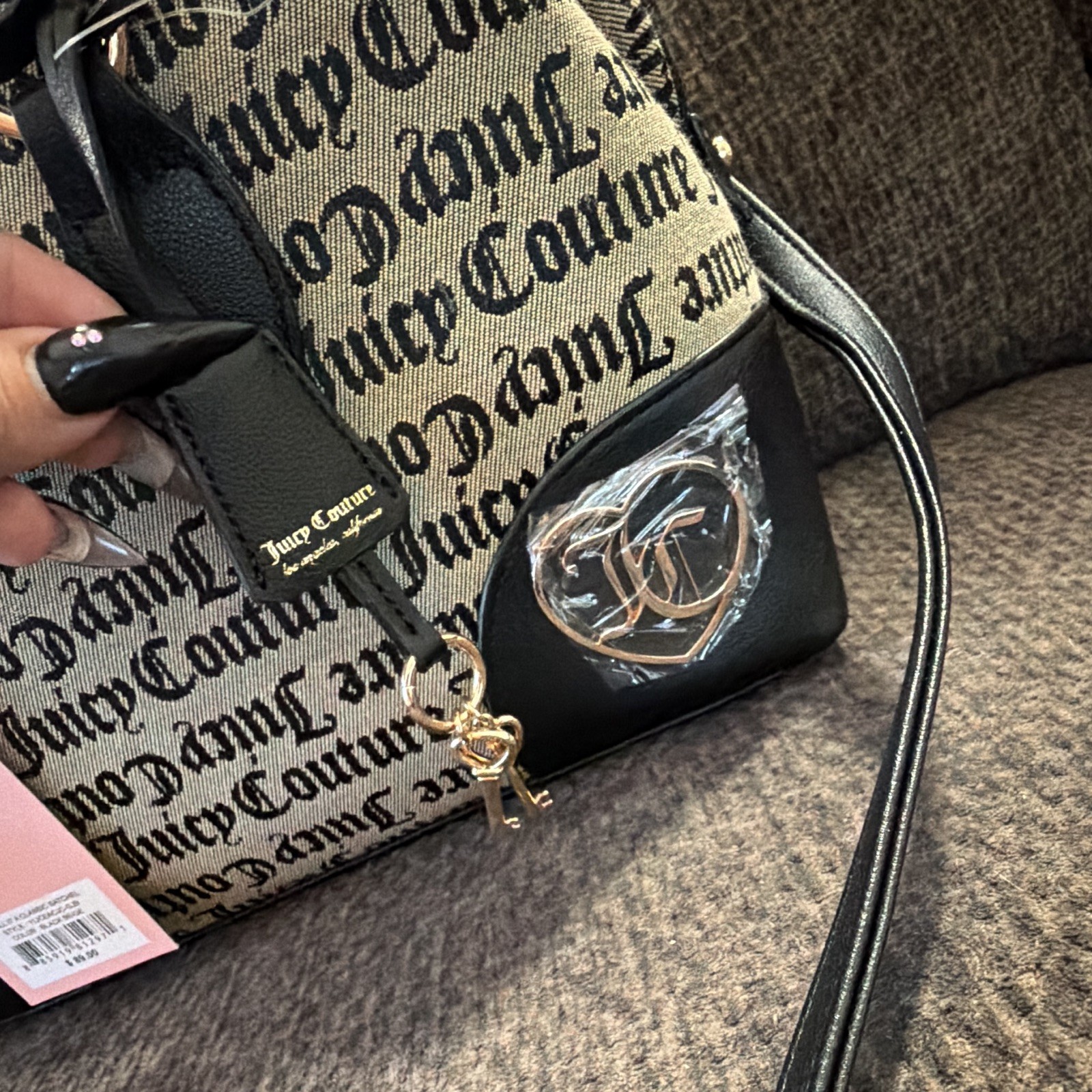 Juicy Couture Beige/Black Logo Satchel Top Handle Zip Bag w/ Detachable Strap