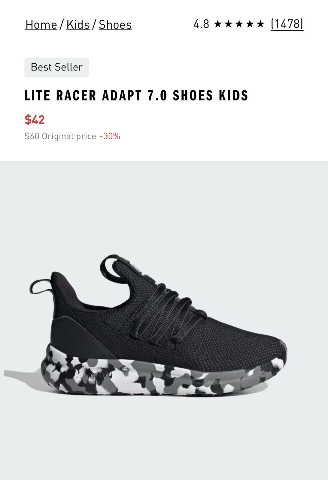 adidas Lite Racer Adapt 7.0 Kids Slip-On Sneaker Black Camo US 3 IE6383