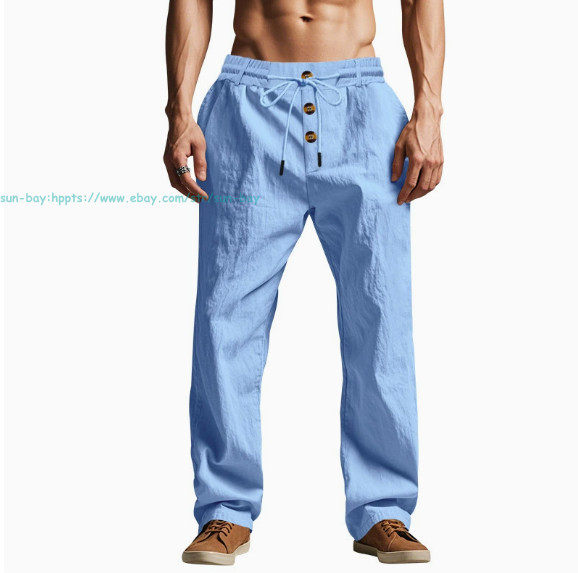 Men Casual Linen Pants Elastic Waist Drawstring Summer Beach Trousers withPocket