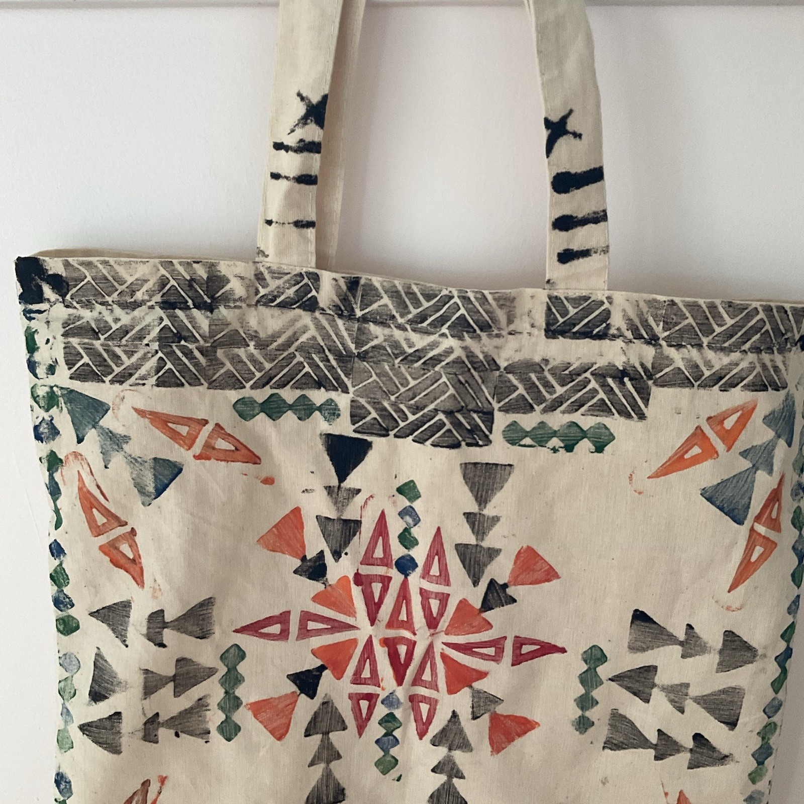 Aztec Canvas Tote Bag Beige Sponge-Painted Geometric Western Southwestern Bag