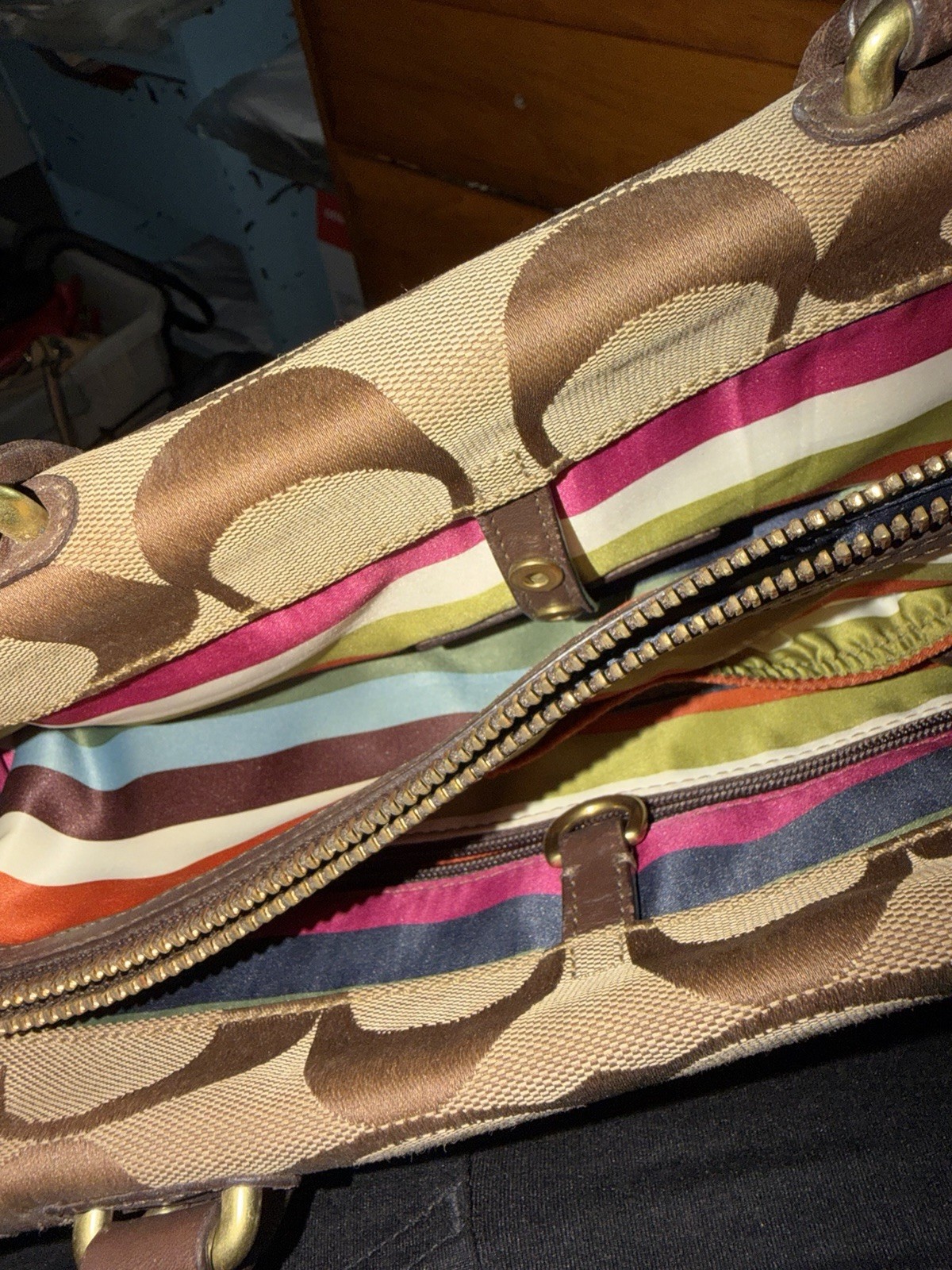 Coach Women’s Brown/Beige Logo Satchel Top Handle Turn Lock Zip Gold Bag Charm