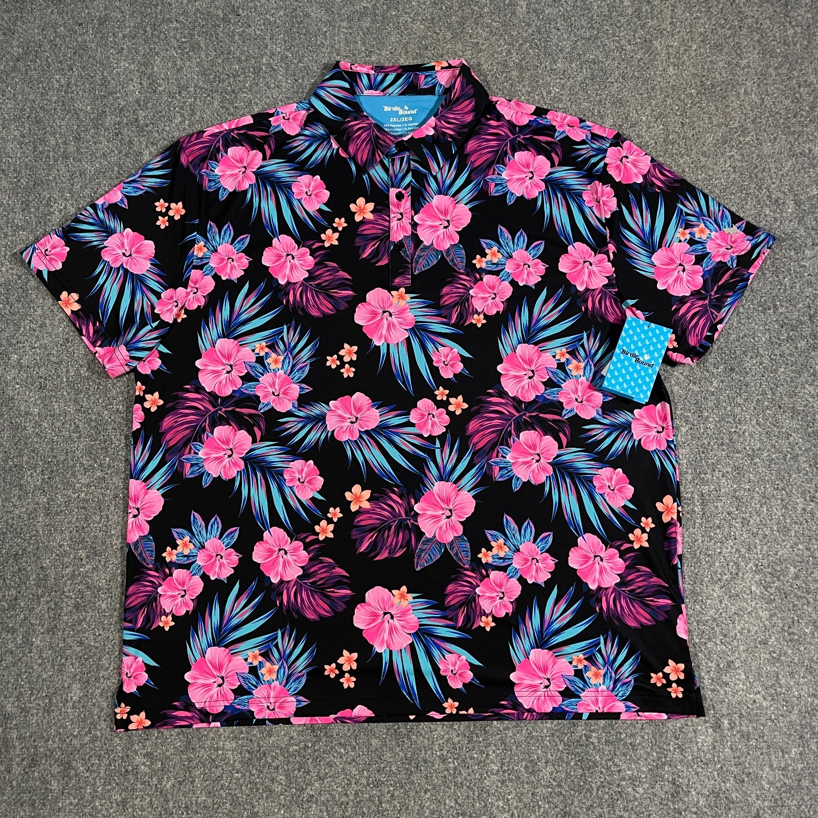 Birdie Bound Tropical Neon Performance Golf Polo Shirt Adult 2XL Black Hawaiian