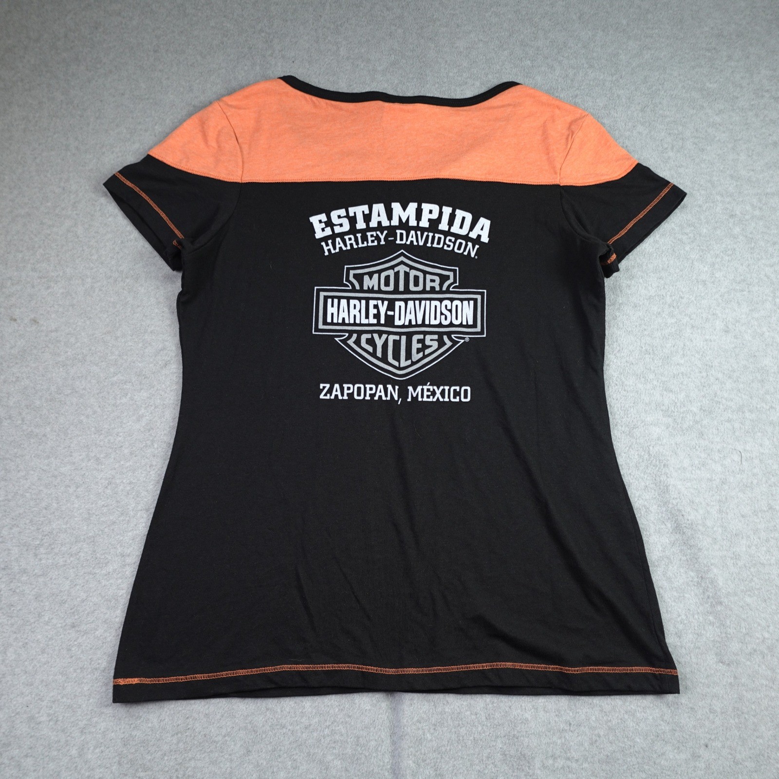Harley Davidson T Shirt Womens Large Black Orange Biker Estampida Zapopan Mexico