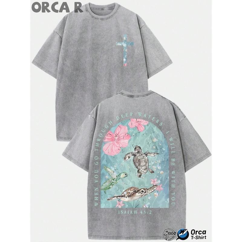 Men’s Vintage Washed Pure Cotton T-Shirt – Oversized Streetwear Tee with Sea Tur