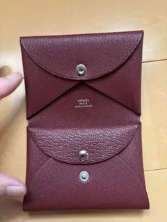 HERMES Calvi Duo Card Case Coin Purse Bordeaux Leather