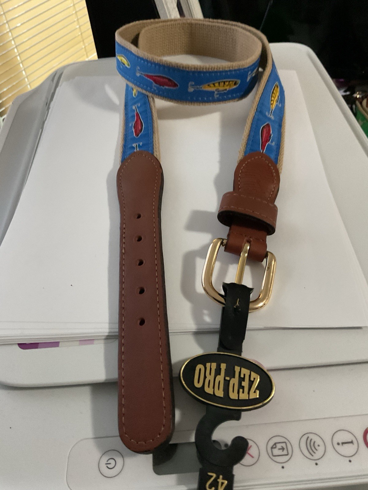 NWT Zep-Pro Leather And Webbing Heavy Duty fishing lure Print Belt 42