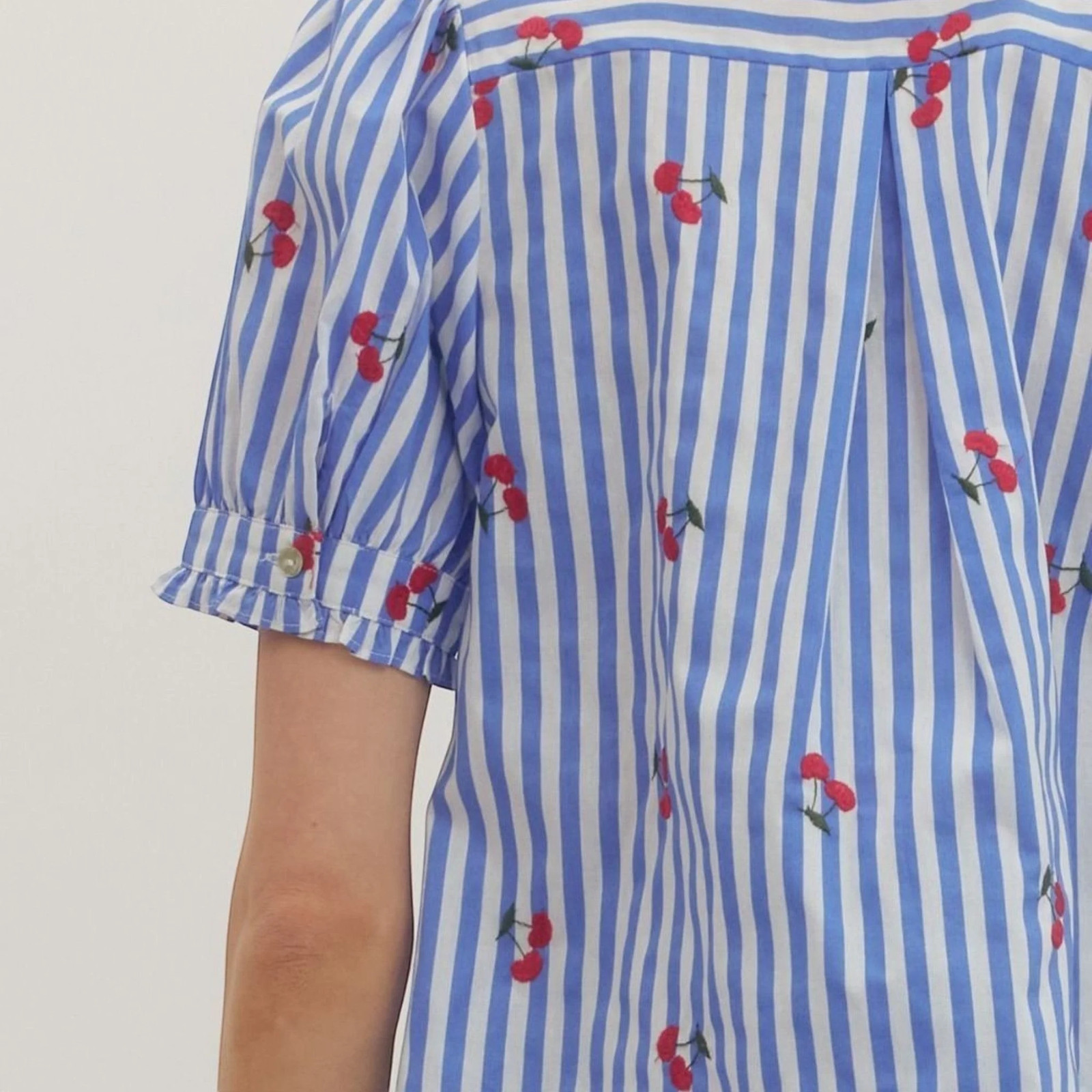 Entro Blue Striped Ruffle Bib Front Embroidered Cherries Puff Short Sleeve Top