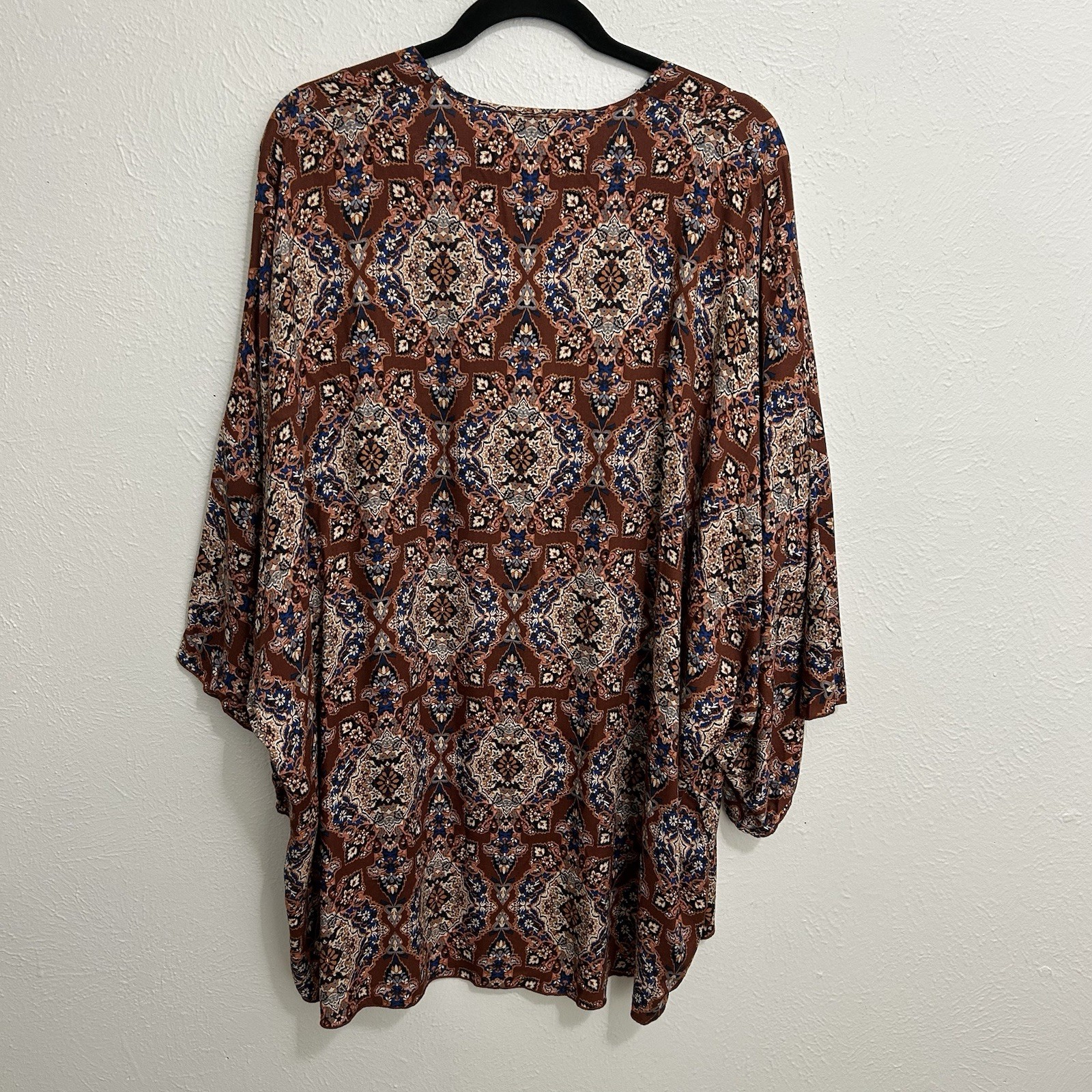 Allison Terracotta Leoni Kimono Wrap Short Sleeve Brown Ikat Floral Sz M/L Boho