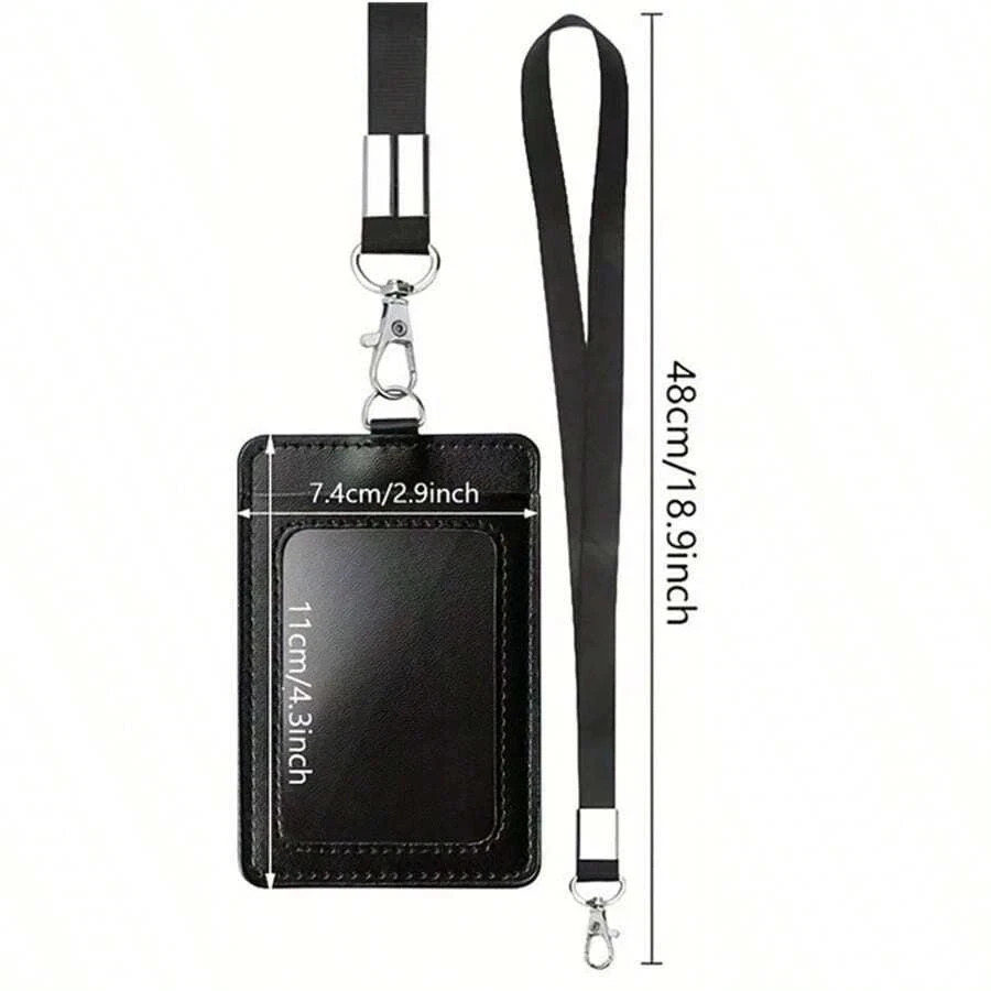 1pc PU Leather Vertical Badge Holder with Lanyard ID Card Holder for Men Women