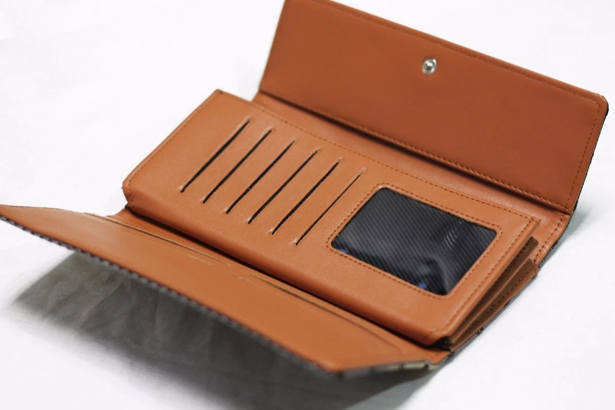 JDM Bride Racing Trifold Wallet for Women Black Gray Gradation Fabric Tan Leathe