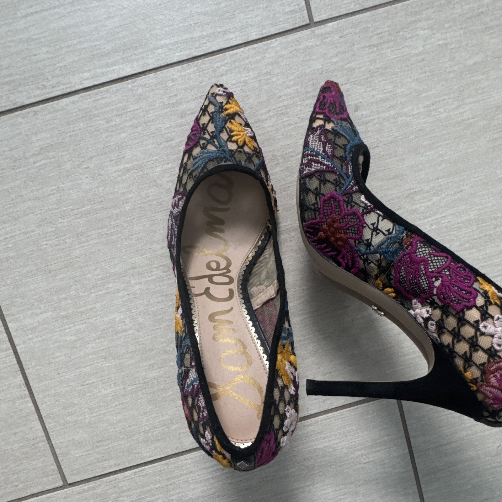 Sam Edelman Women’s Pointed Toe Stiletto Pumps Embroidered Floral 9