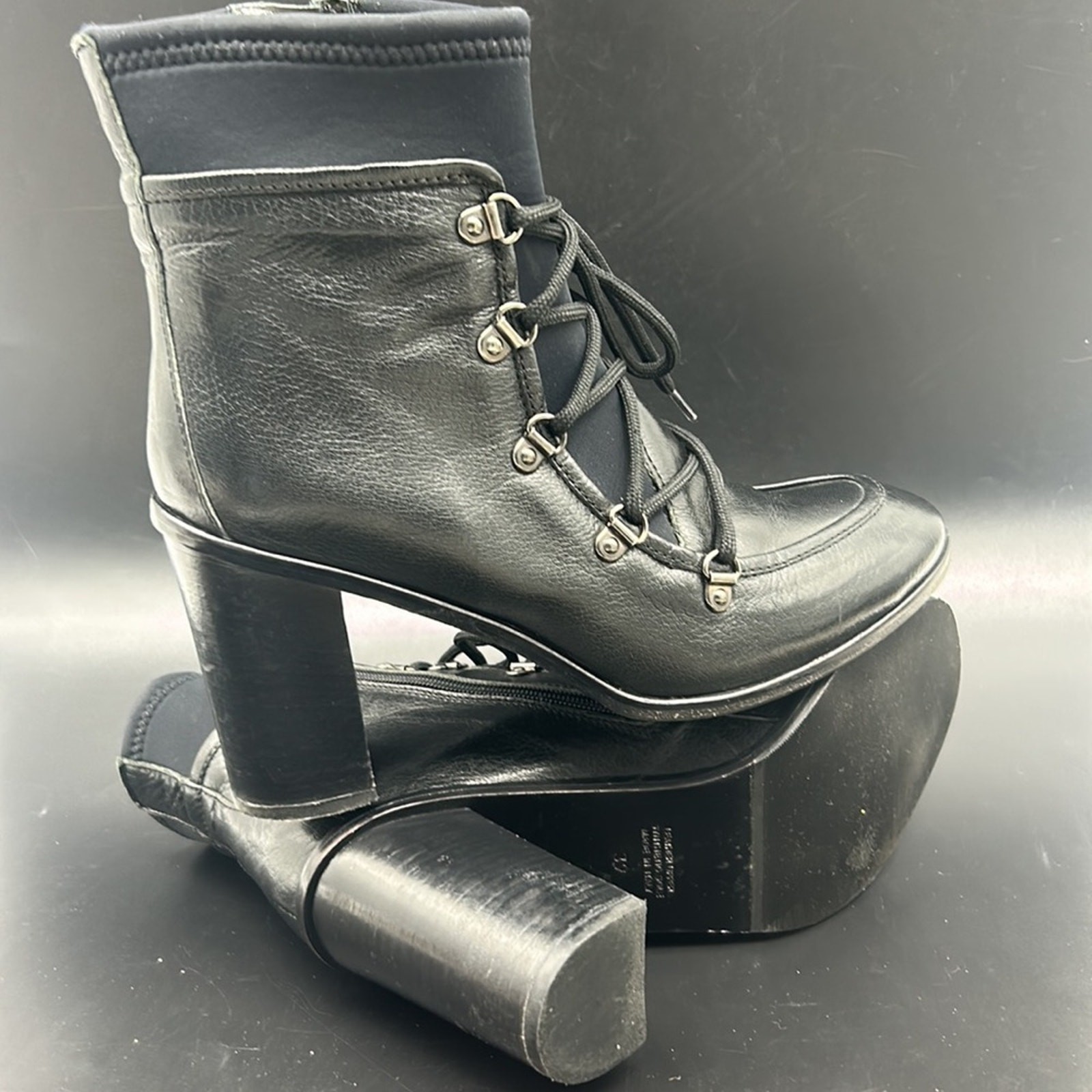 NAPOLEONI GRANNIE BLACK LEATHER NEOPRENE LACE-UP LOLITA GRANNY SIZE 39 BOOTIE