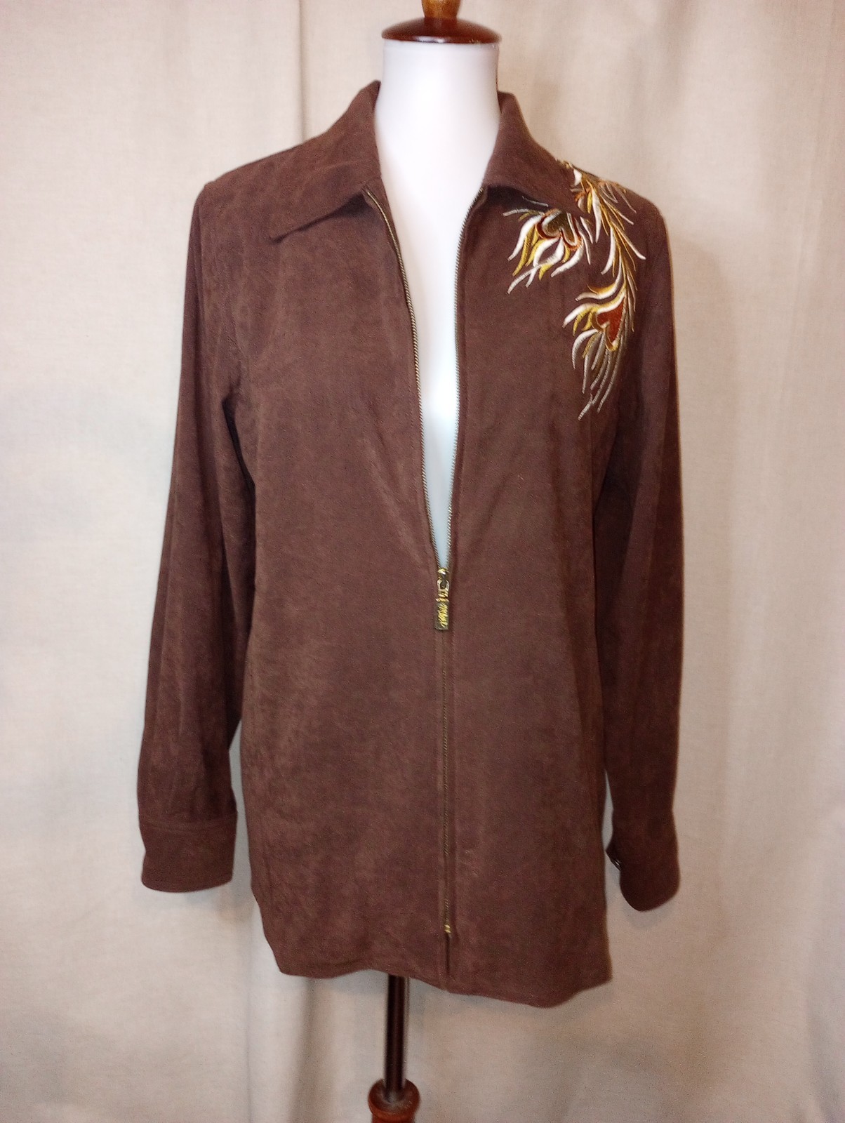 Bob Mackie Vtg Phoenix Wearable Art embroider zip jacket brown faux suede Small