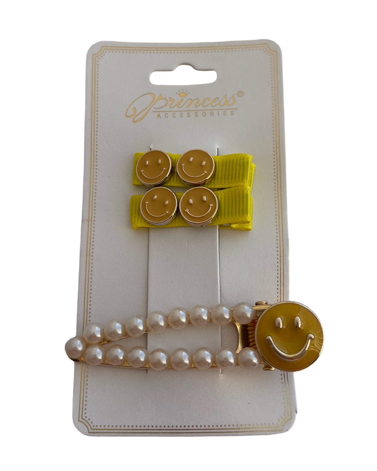 Princess Accessories Smiley Face & Pearl Hair Clip Set – Yellow Emoji 3pc Y2K