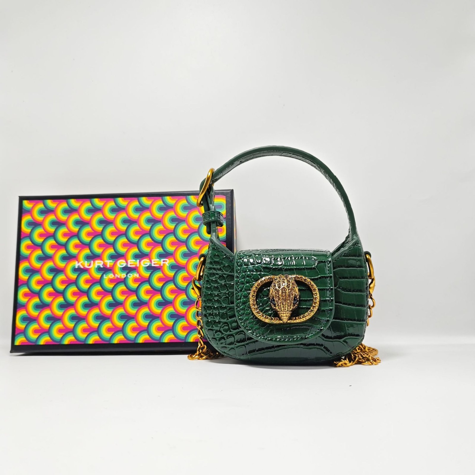 Kurt Geiger London Dark Green Mini Crossbody Croc Bag Eagle Ring 13×8×4 cm