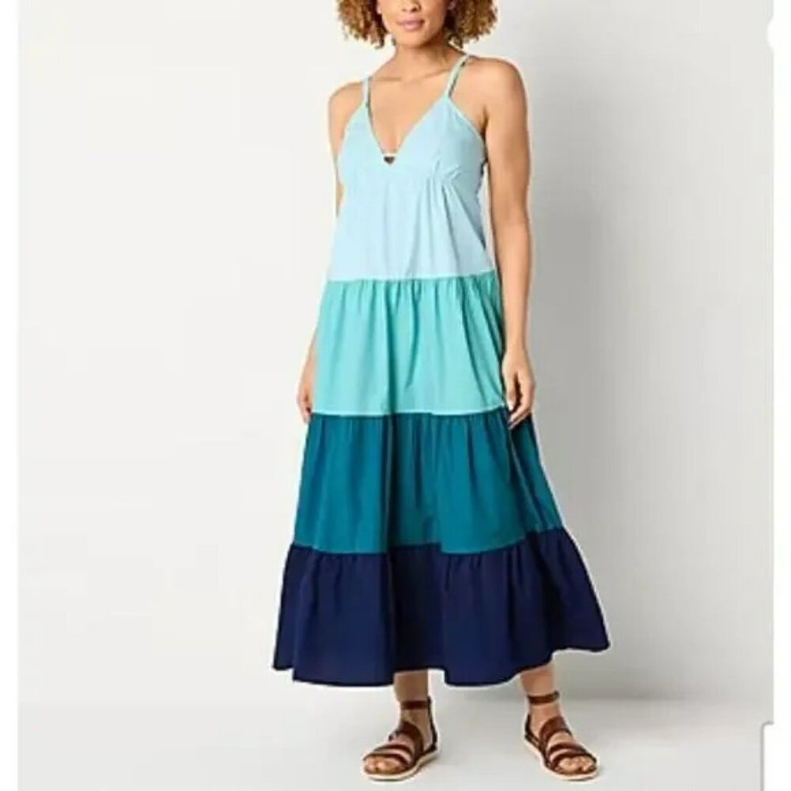 Coastal Boho Beach Resort A.N.A Blue Teal Cotton Maxi Sundress Cover-Up Large