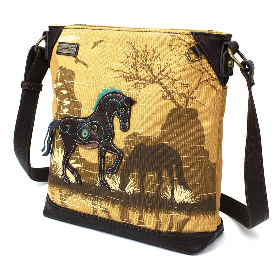 Chala Canvas Crossbody Shoulder Purse with Adjustable Strap – Horses, Brown NWT