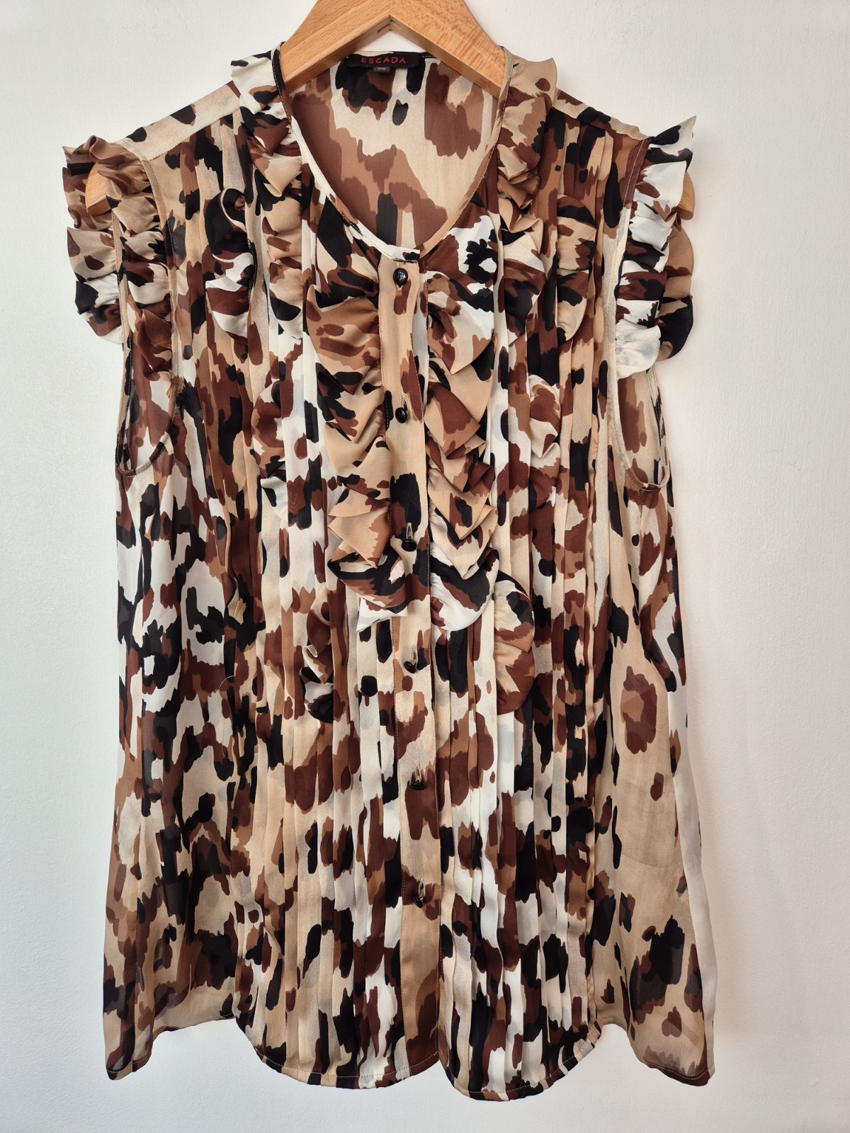 Escada Leopard Print Silk Ruffle Sleeve Blouse Size UK 8 EU 36