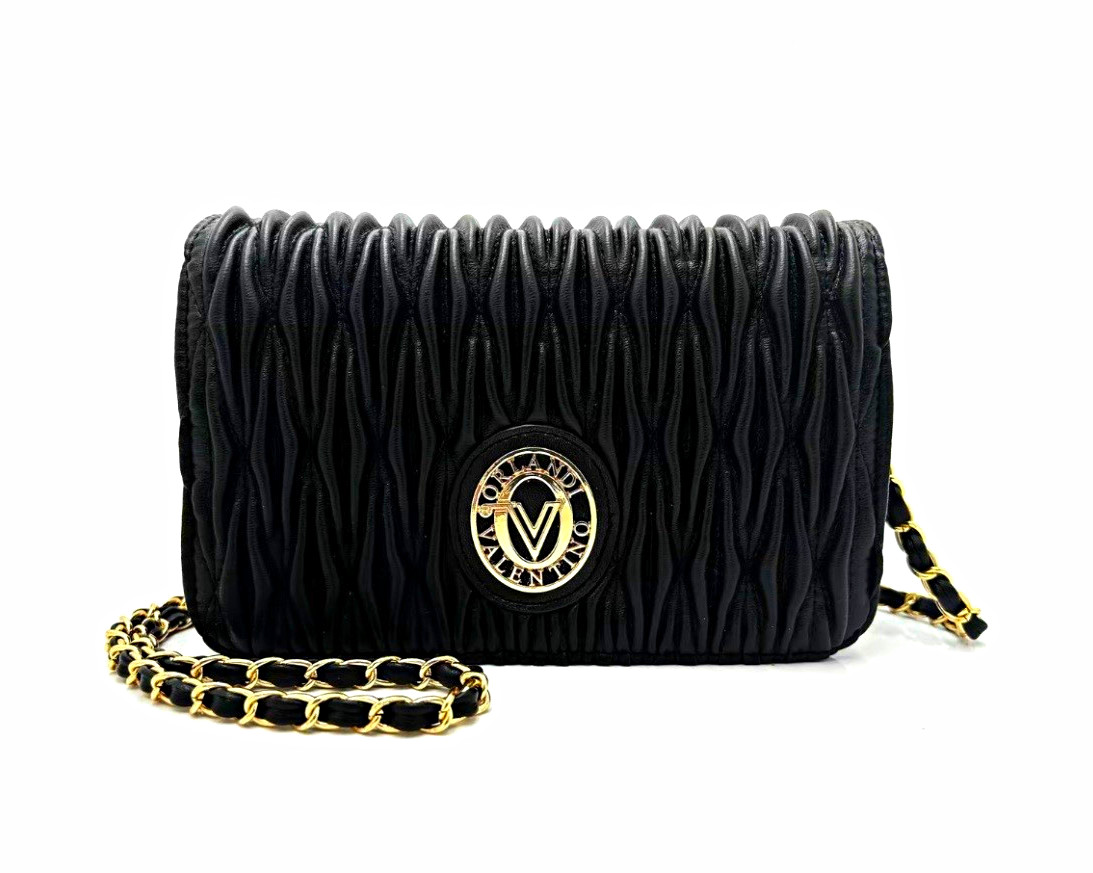 Mario Valentino Black Ruched Crossbody Bag Gold Logo Chain Detachable Strap Zip