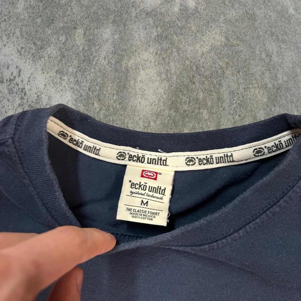 Y2K skate grail Ecko Unltd navy blue tee with textured patchwork on size M