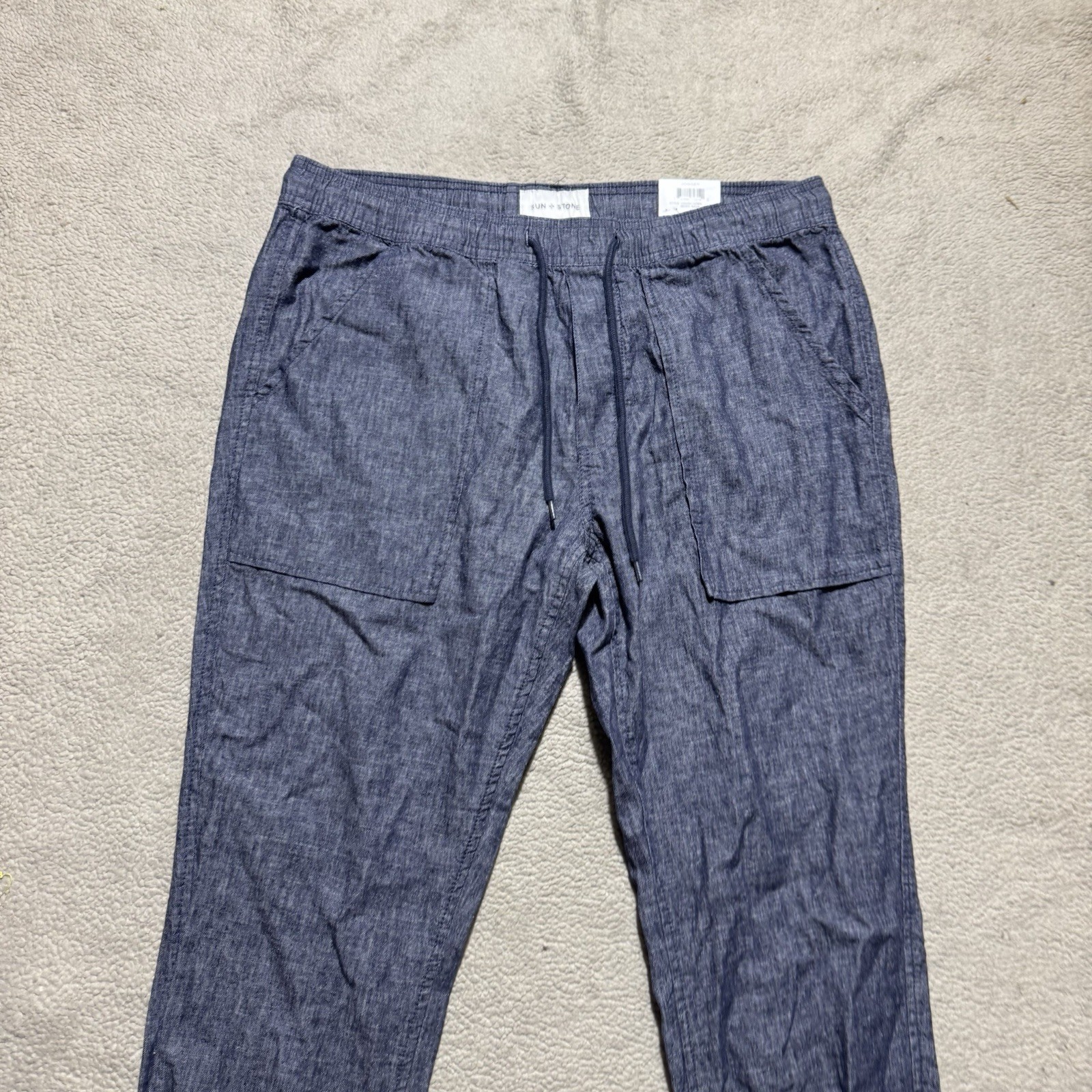 Sun + Stone Pants Mens Large Linen Joggers Basic Navy Stretch Drawstring 34×26.5