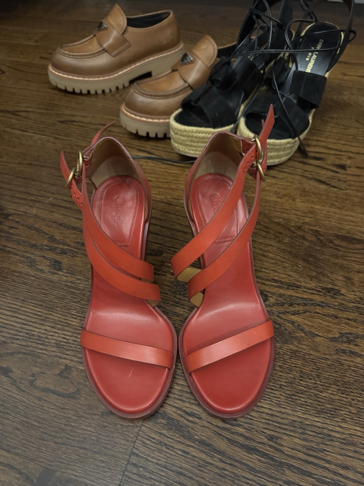 Chloé Women’s Red Leather Strappy Open Toe Ankle Strap Stiletto Heels 7
