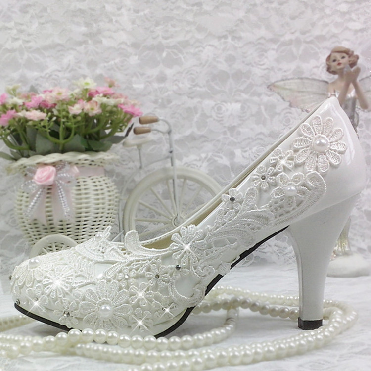 Lace white ivory crystal Women’s Wedding shoes Bridal flats low high heel pump