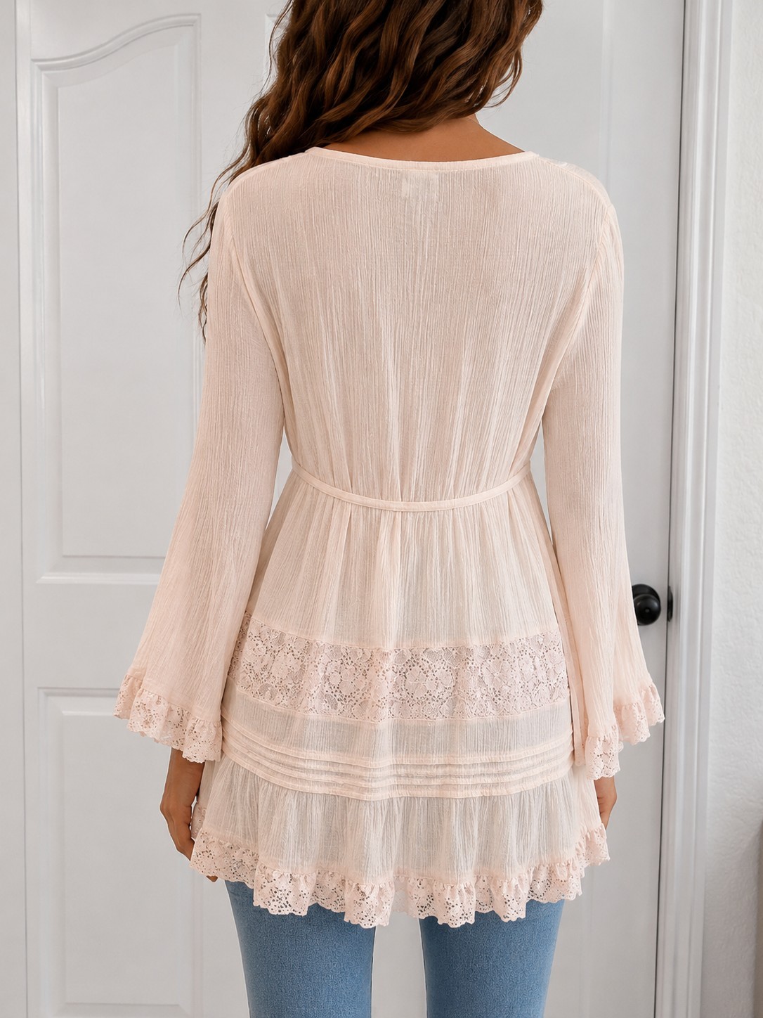 Boston Proper Pink Lace Trim Peasant Tunic Top Boho Cottagecore Romantic Size M