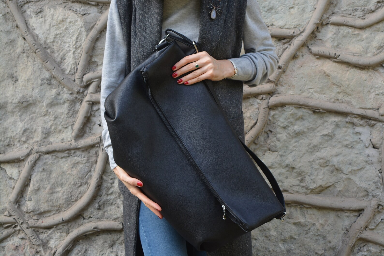 Oversize 3 in 1 Leather Clutch Shoulder Bag Tote