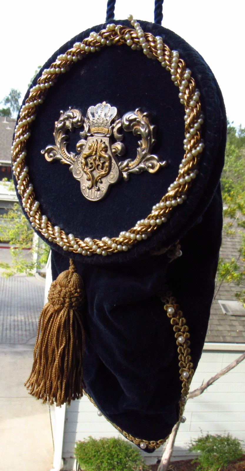 Ren Faire Blue Velvet Round Purse USED Renaissance Stash Bag Beaded Tatted 5″x9″