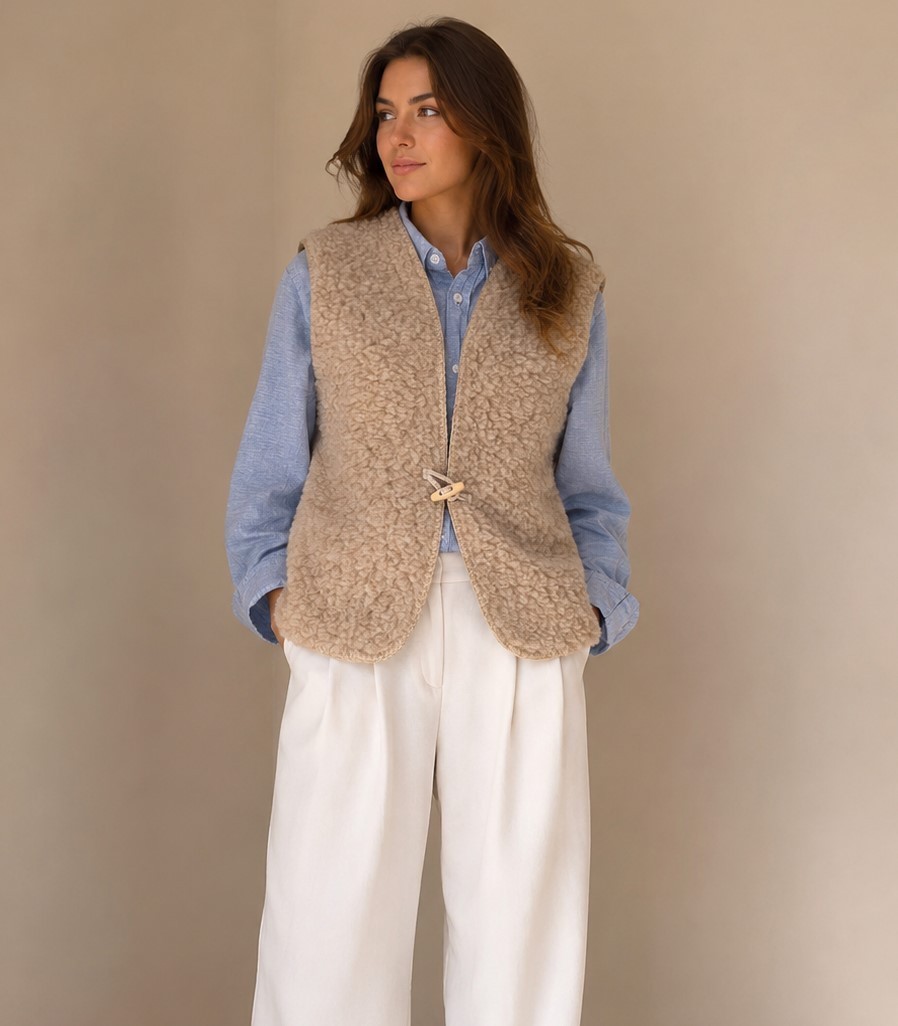 Oatmeal Beige Merino Wool Gilet – Women’s Wool Body Warmer Waistcoat – S, M