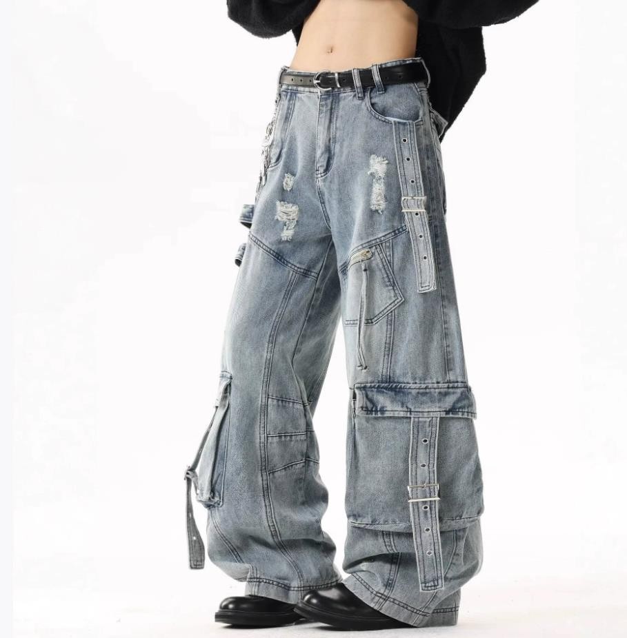 Mens Blue Denim Jeans Straight Wide Leg Casual Punk Hip Hop Pants Ripped Pockets