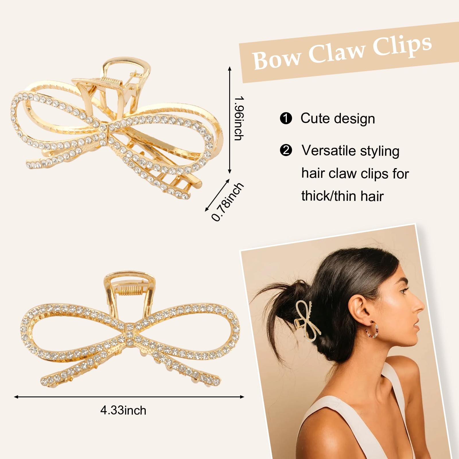 Vovii 2Pcs Gold Bow Claw Clips for Women, Cute Stylish Metal Hair
