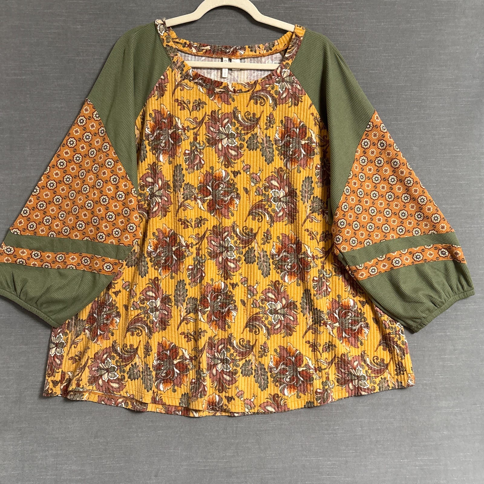 Cato Top 26/28W Green Orange Floral Tunic Waffle Thermal Fall Boho Balloon Slv