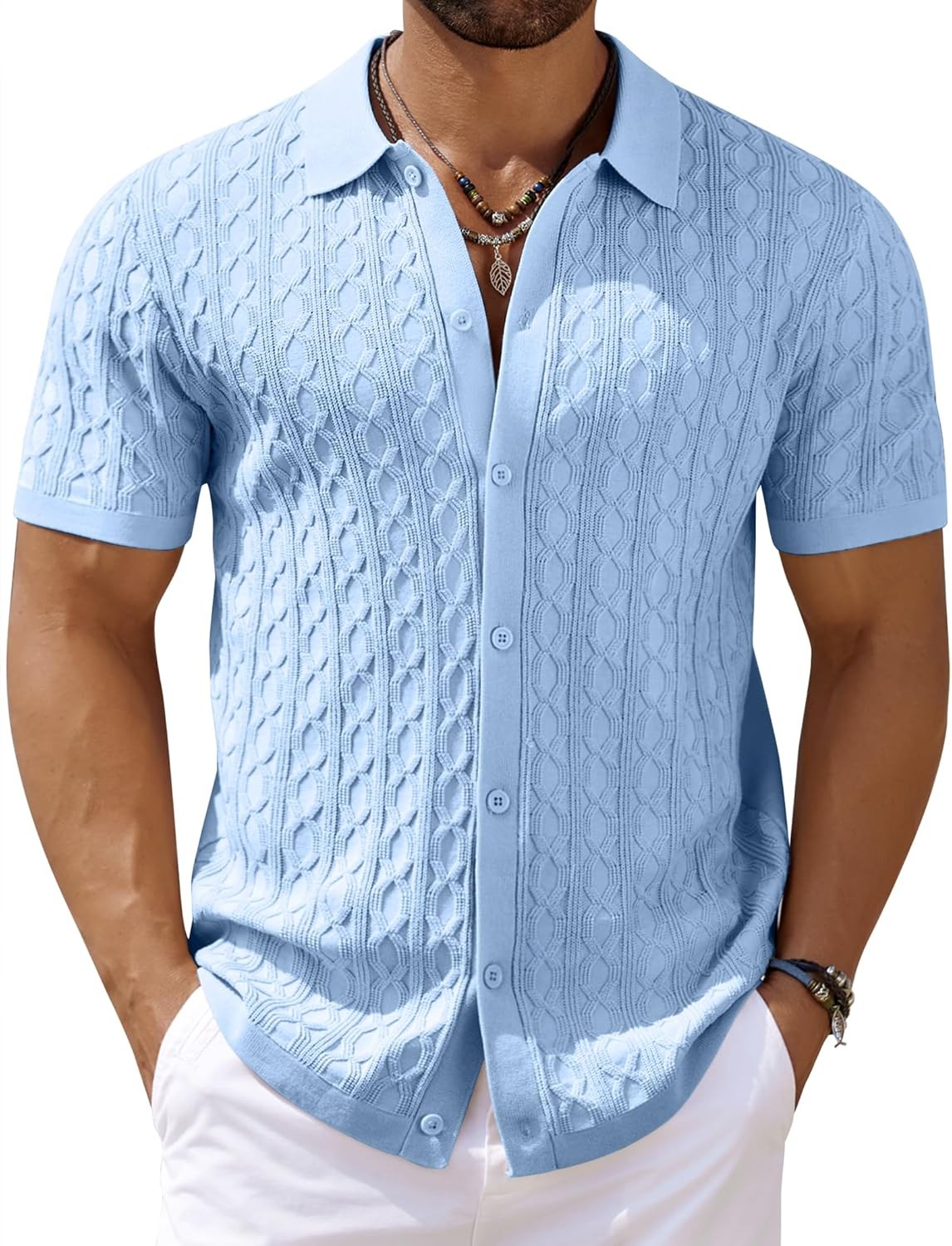 Men’s Knit Short Sleeve Shirts Button Down Vintage Knitted Polo Shirt
