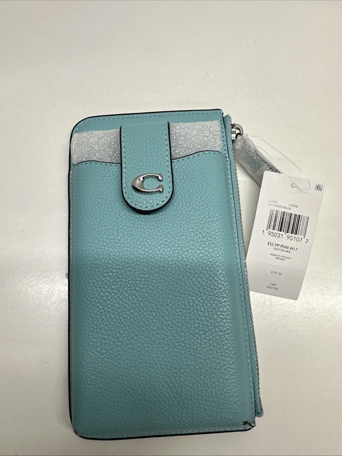 Coach Essentials Phone Wallet Polished Pebbled Leather Clutch Zip Top Blue New