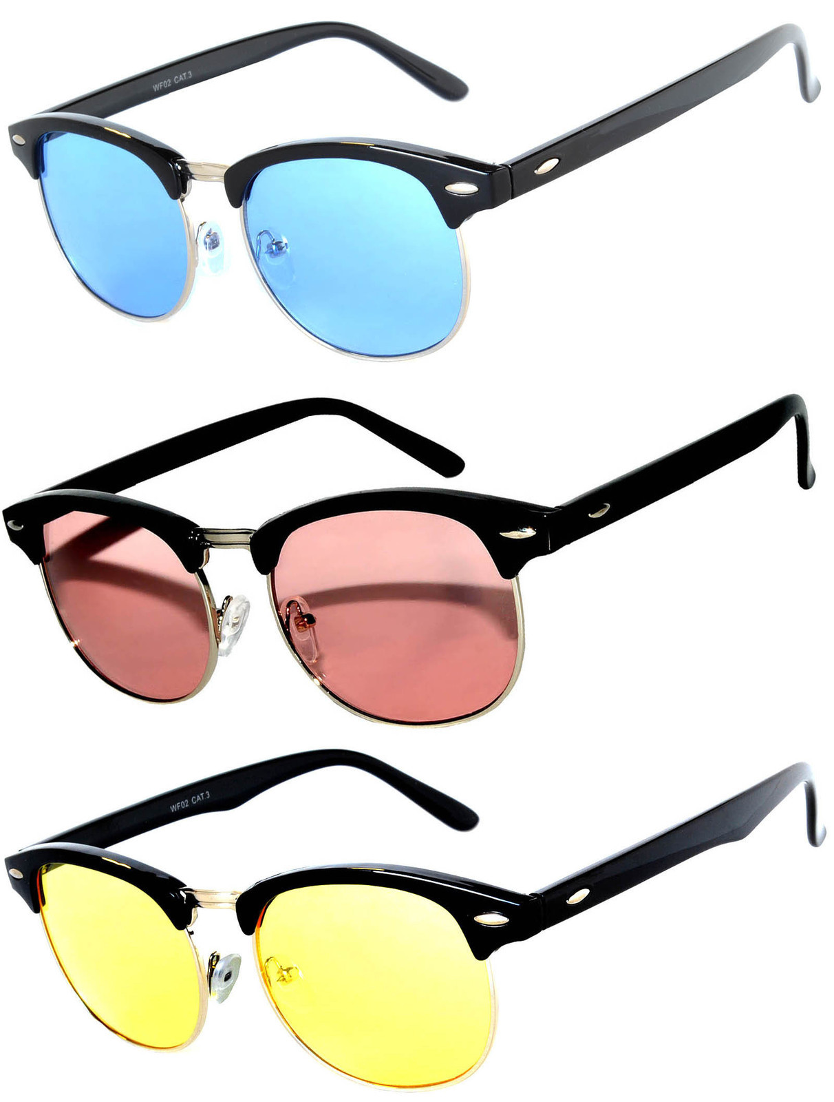 Set of 3 Half Frame Semi Rimless Horn Rim Sunglasses Pink Blue Yellow Gradient