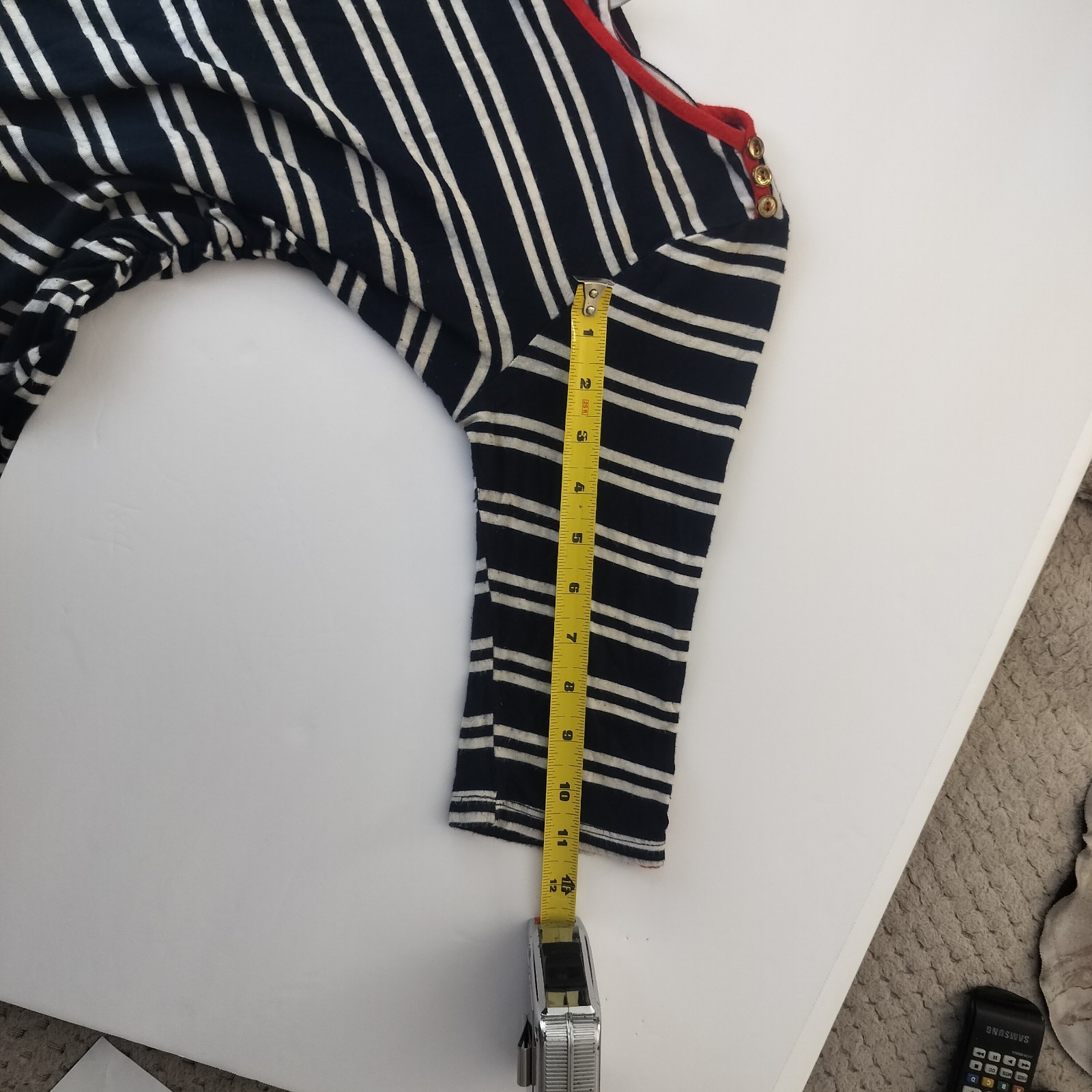 CELINE BY CHAMPION NAVY WHITE STRIPED BOAT NECK TOP RED TRIM BUTTON 3/4 SLEEVE