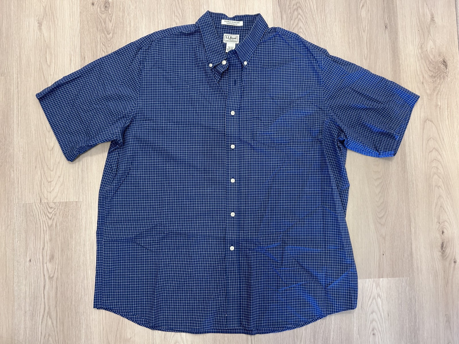 L.L. Bean Button Down Shirt XXL Short Sleeve Reg Fit Blue Plaid Cotton Casual