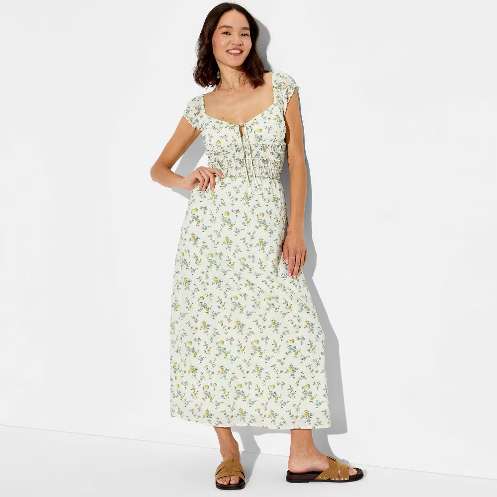 Women Cap Sleeve Smocked Midi Dress – Wild Fable White Floral M