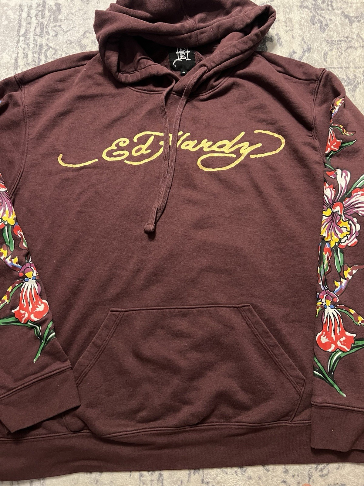 Ed Hardy Men’s Brown Floral Logo Graphic Pullover Hoodie Pockets 3X